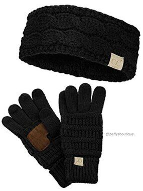 Cable Knit Ear Warmer Headband & Touchscreen Gloves Set